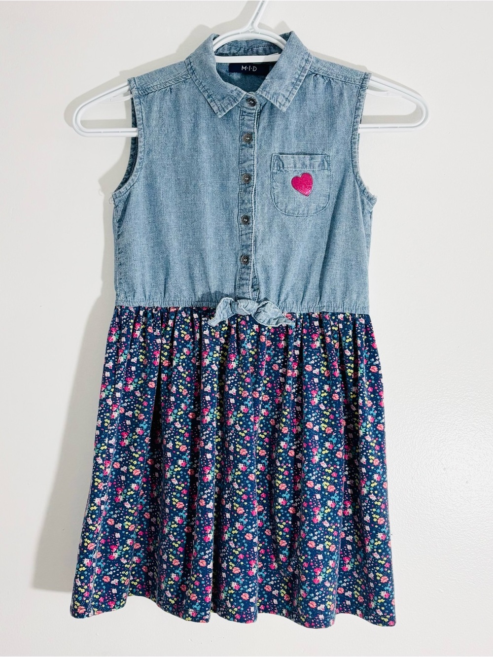 M·I·D Kids Mixed Media Chambray Floral Heart Utility Shirt Dress Sleeveless 7Y